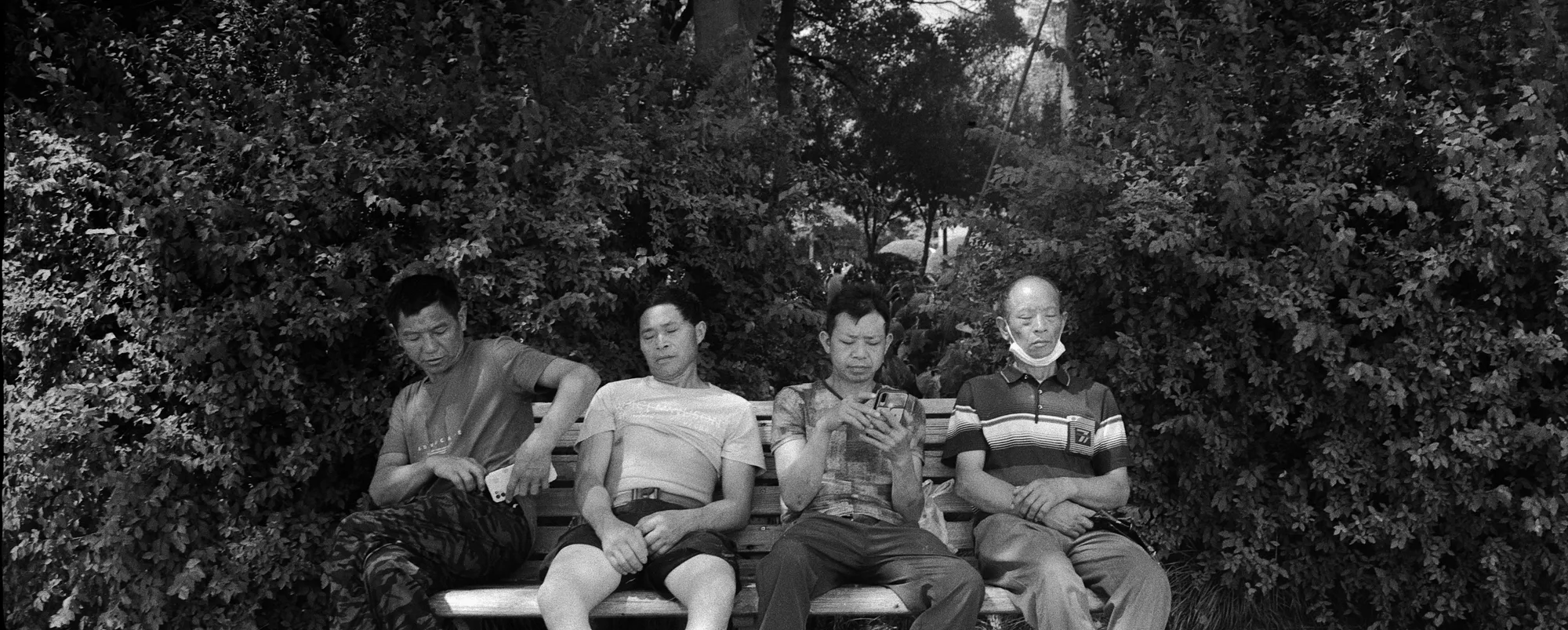 Four people sit shoulder to shoulder on a bench in front of dense trees.