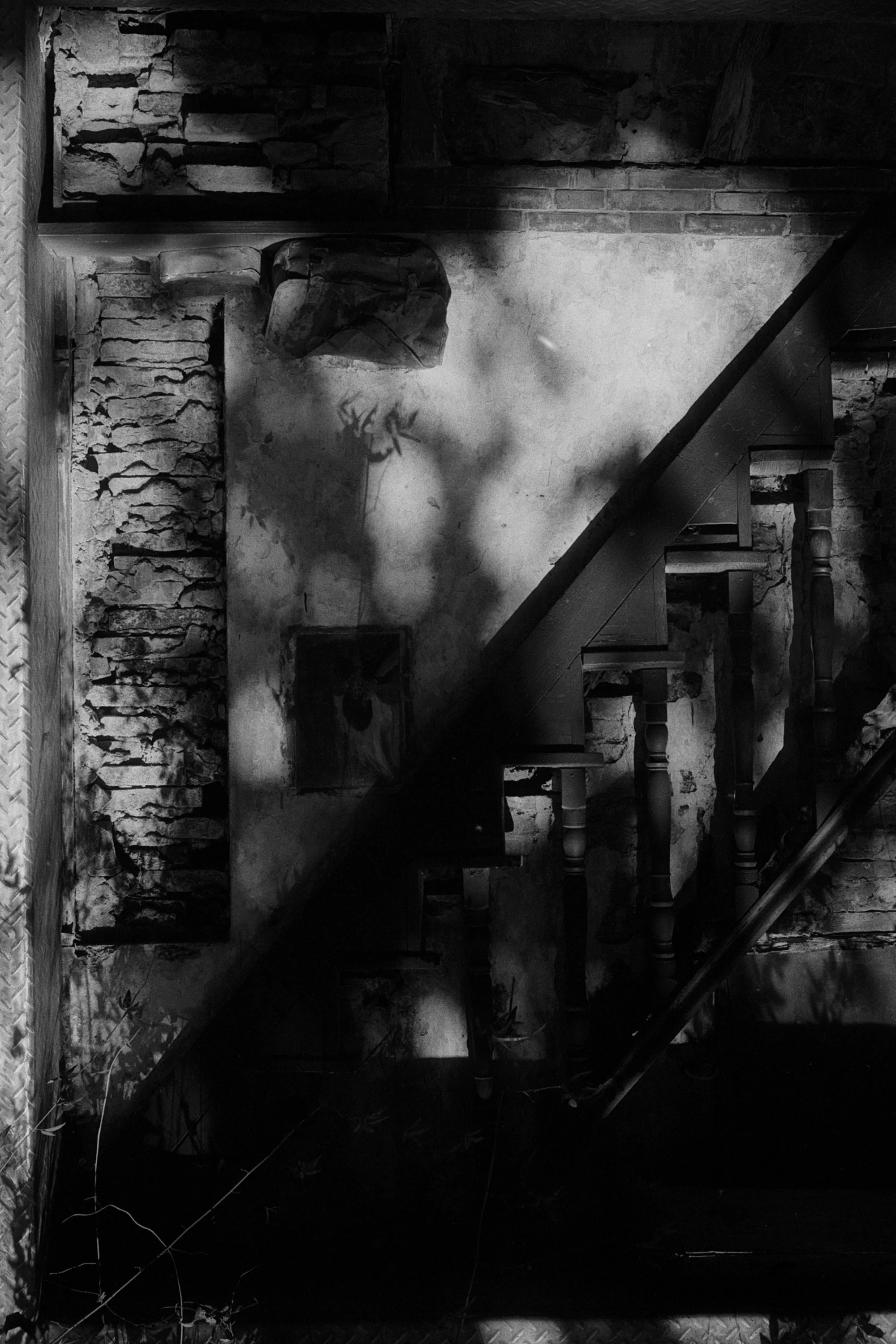 Tree shadows and dark architectural edges overlap across a worn city-center wall.