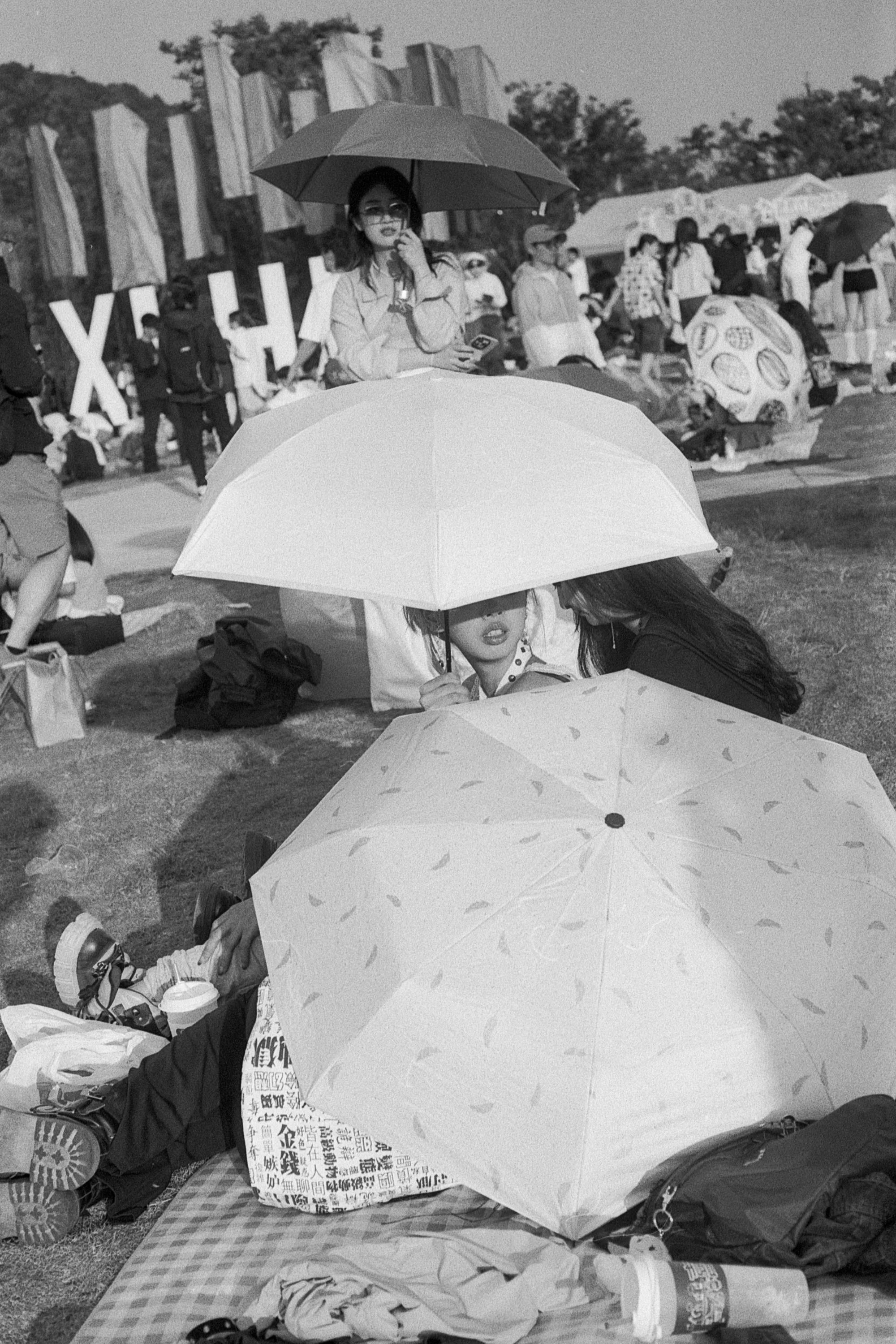 Open umbrellas rise above people sitting close together on a crowded lawn.